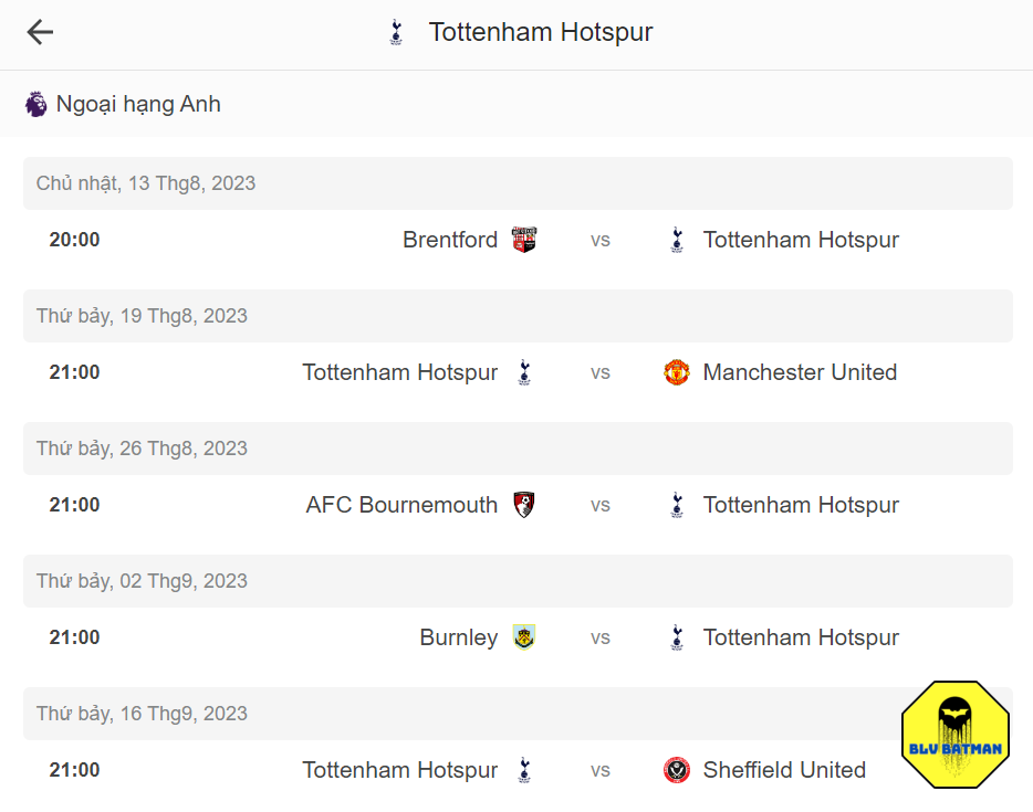 Lịch thi đấu của Tottenham tại Ngoại hạng Anh mùa giải 2023-2024
